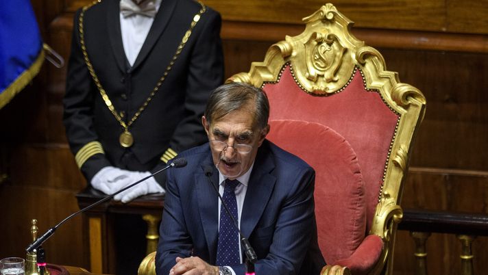 ROME, ITALY - OCTOBER 13: Ignazio La Russa delivers his speech after he was elected President of the Senate during the first session of the 19th legislature, on October 13, 2022 in Rome, Italy. Italians voted in the 2022 Italian general election on 25 September which was called after the dissolution of parliament was announced by Italian President Sergio Mattarella on 21 July. (Photo by Antonio Masiello/Getty Images) La Russa choc: “Un figlio gay? Sarebbe un dispiacere, come se fosse del Milan” - immagine 1
