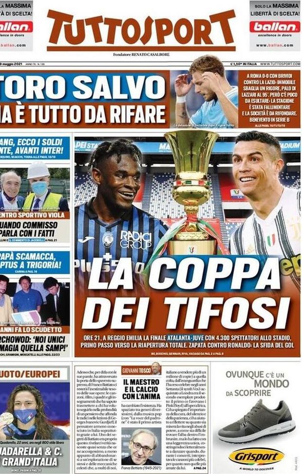 Prima Pagina, Tuttosport: “Toro salvo, ma è tutto da rifare. La Coppa dei tifosi. Il Maestro e il calcio con l’anima” 