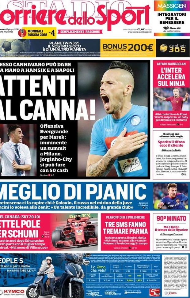 Prima Pagina, Corriere dello Sport: “Attenti al Canna! Golovin meglio di Pjanic. Tre SMS fanno tremare il Parma…” Prima Pagina, Corriere dello Sport: “Attenti al Canna! Golovin meglio di Pjanic. Tre SMS fanno tremare il Parma…”