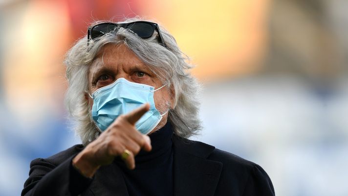 REGGIO NELL'EMILIA, ITALY - APRIL 24: Massimo Ferrero, President of UC Sampdoria is seen wearing a facemask prior to the Serie A match between US Sassuolo and UC Sampdoria at Mapei Stadium - Città del Tricolore on April 24, 2021 in Reggio nell'Emilia, Italy. Sporting stadiums around Italy remain under strict restrictions due to the Coronavirus Pandemic as Government social distancing laws prohibit fans inside venues resulting in games being played behind closed doors. (Photo by Alessandro Sabattini/Getty Images) REGGIO NELL'EMILIA, ITALY - APRIL 24: Massimo Ferrero, President of UC Sampdoria is seen wearing a facemask prior to the Serie A match between US Sassuolo and UC Sampdoria at Mapei Stadium - Città del Tricolore on April 24, 2021 in Reggio nell'Emilia, Italy. Sporting stadiums around Italy remain under strict restrictions due to the Coronavirus Pandemic as Government social distancing laws prohibit fans inside venues resulting in games being played behind closed doors. (Photo by Alessandro Sabattini/Getty Images)