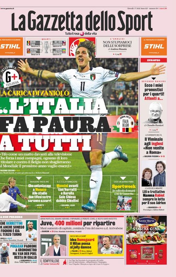 Prima Pagina, La Gazzetta dello Sport: “La carica di Zaniolo: L’Italia fa paura a tutti” Prima Pagina, La Gazzetta dello Sport: “La carica di Zaniolo: L’Italia fa paura a tutti”