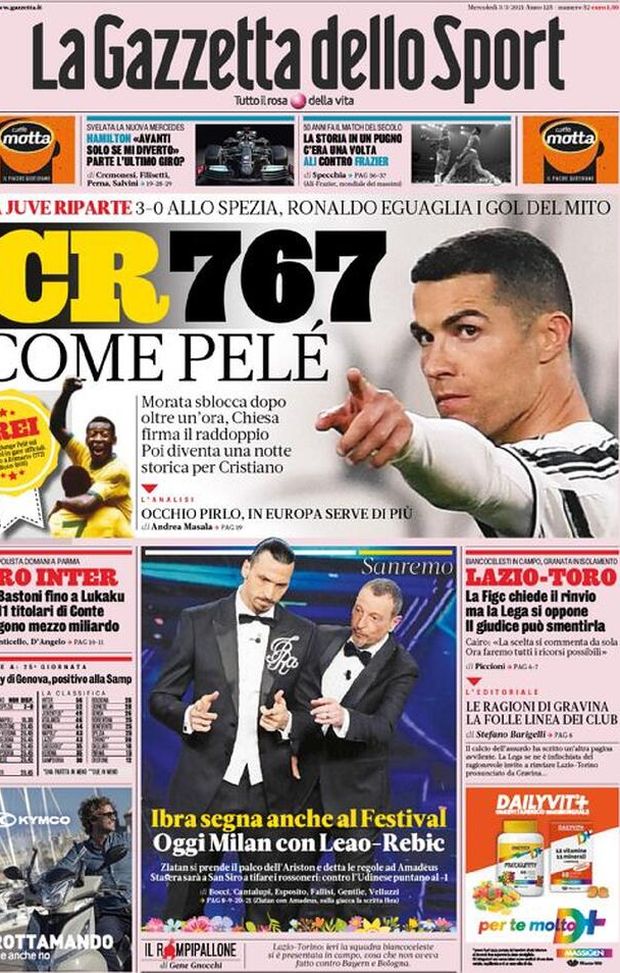 Prima Pagina, La Gazzetta dello Sport: “CR767 come Pelé. Oro Inter. Ibra segna anche al Festival” Prima Pagina, La Gazzetta dello Sport: “CR767 come Pelé. Oro Inter. Ibra segna anche al Festival”