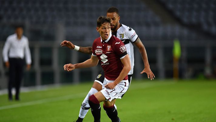 TURIN, ITALY - JUNE 20:  Sasa Lukic (L) of Torino FC is challenged by Hernani of Parma Calcio during the Serie A match between Torino FC and  Parma Calcio at Stadio Olimpico di Torino on February 23, 2020 in Turin, Italy.  (Photo by Valerio Pennicino/Getty Images) 