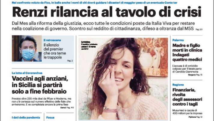 Prima Pagina, Giornale di Sicilia: “Renzi rilancia al tavolo di crisi. Per il Palermo mercato senza botti” 