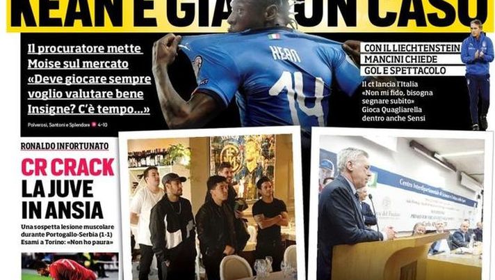 Prima Pagina, Corriere dello Sport: &#8220;Kean è già un caso. CR Crack, Juve in ansia. Prof. Ancelotti&#8221; 
