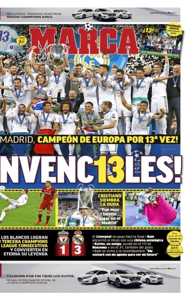 Prima Pagina, Marca: “Invinc13ili. Bale, rovesciata da antologia. Un Karius amico aiuta il Real Madrid. Ronaldo: dubbi sul futuro…” Prima Pagina, Marca: “Invinc13ili. Bale, rovesciata da antologia. Un Karius amico aiuta il Real Madrid. Ronaldo: dubbi sul futuro…”