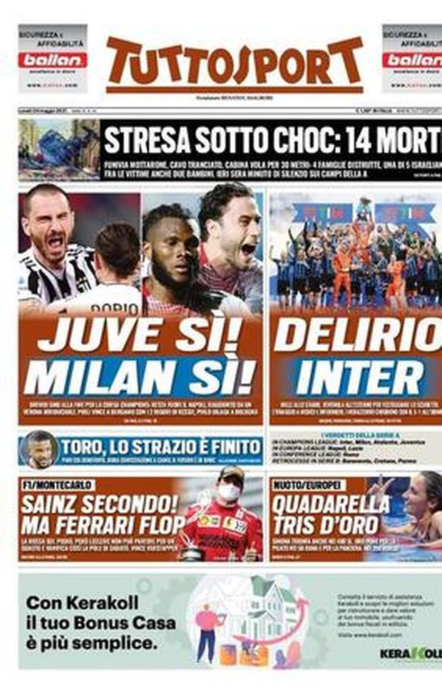 Prima Pagina, Tuttosport: “Juve sì! Milan sì! Delirio Inter. Toro, lo strazio è finito”  Prima Pagina, Tuttosport: “Juve sì! Milan sì! Delirio Inter. Toro, lo strazio è finito”
