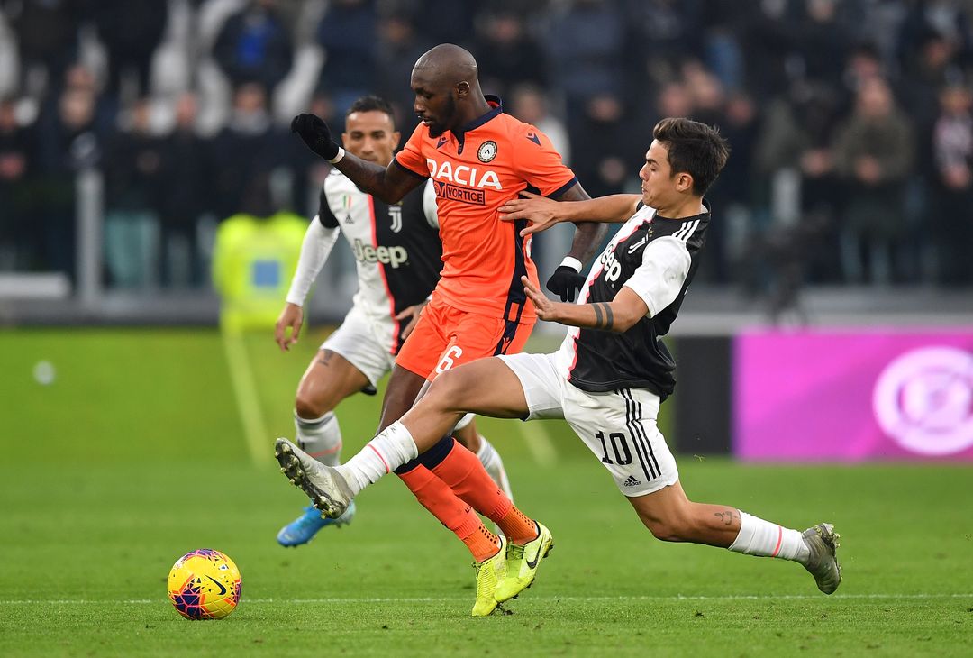 TURIN, ITALY - DECEMBER 15: Paulo Dybala of Juventus competes for the ball against Seko Fofana of Udinese Calcio during the Serie A match between Juventus and Udinese Calcio at Allian Stadium on December 15, 2019 in Turin, Italy.  (Photo by Valerio Pennicino - Juventus FC/Juventus FC via Getty Images) 