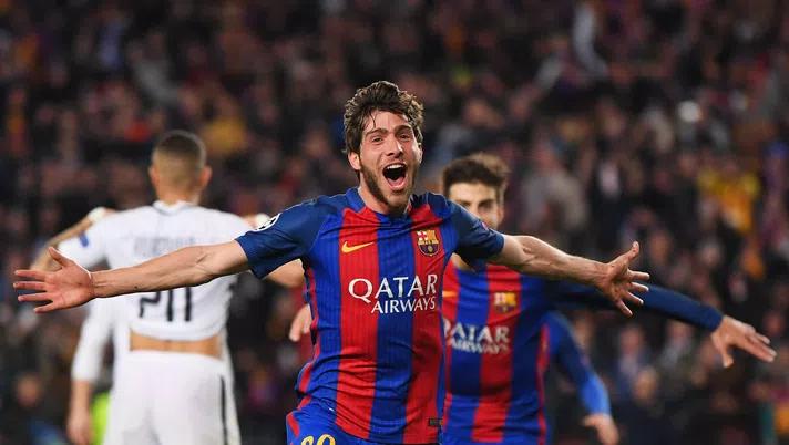 BARCELONA, SPAIN - MARCH 08:  Sergi Roberto of Barcelona as he scores their sixth goal during the UEFA Champions League Round of 16 second leg match between FC Barcelona and Paris Saint-Germain at Camp Nou on March 8, 2017 in Barcelona, Spain.  (Photo by Laurence Griffiths/Getty Images)