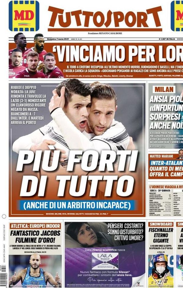 Tuttosport, la prima pagina di oggi, domenica 7 marzo 2021 