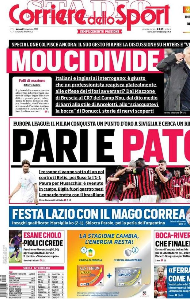Prima Pagina, Corriere dello Sport: “Pari e Pato. Mou ci divide. Boca-River, che finale!” Prima Pagina, Corriere dello Sport: “Pari e Pato. Mou ci divide. Boca-River, che finale!”