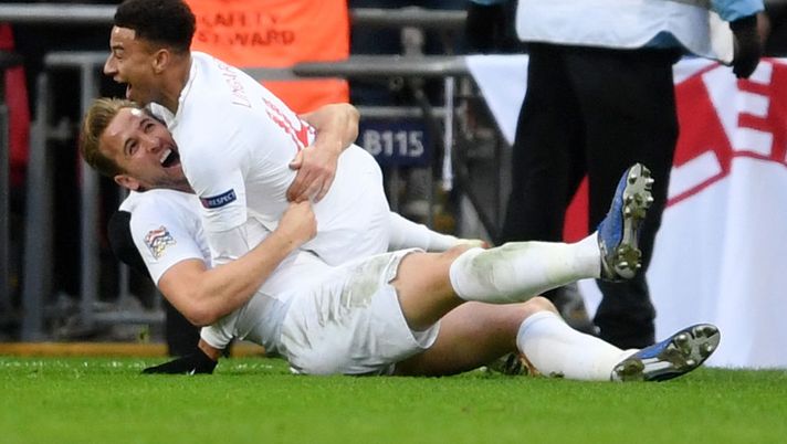 LONDON, ENGLAND - NOVEMBER 18: Harry Kane of England celebrates with teammate Jesse Lingard after scoring his team's first goal during the UEFA Nations League A group four match between England and Croatia at Wembley Stadium on November 18, 2018 in London, United Kingdom. (Photo by Laurence Griffiths/Getty Images) LONDON, ENGLAND - NOVEMBER 18: Harry Kane of England celebrates with teammate Jesse Lingard after scoring his team's first goal during the UEFA Nations League A group four match between England and Croatia at Wembley Stadium on November 18, 2018 in London, United Kingdom. (Photo by Laurence Griffiths/Getty Images)