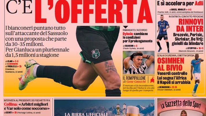 Prima Pagina, La Gazzetta dello Sport: “Juve, pressing su Scamacca. C’è l’offerta”  Prima Pagina