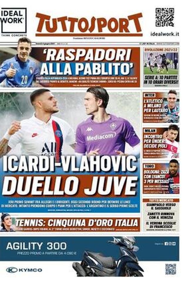 Prima Pagina, Tuttosport: “Icardi-Vlahovic, duello Juve. Raspadori alla Pablito”  Prima Pagina, Tuttosport: “Icardi-Vlahovic, duello Juve. Raspadori alla Pablito”