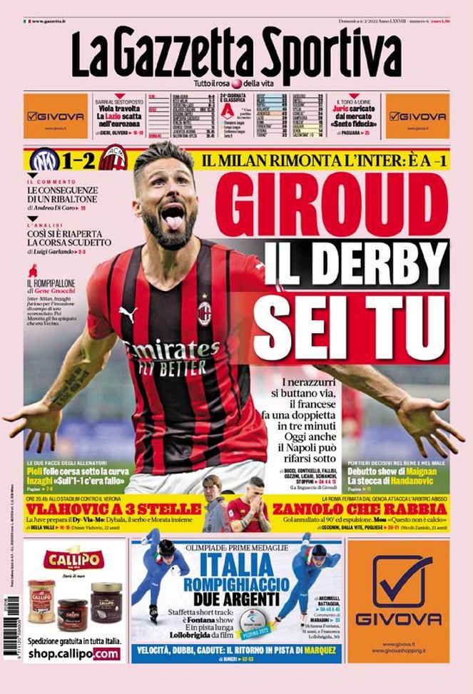 Prima Pagina, La Gazzetta dello Sport: “Giroud, il derby sei tu. Vlahovic a 3 stelle”  Prima Pagina, La Gazzetta dello Sport: “Giroud, il derby sei tu. Vlahovic a 3 stelle” - immagine 1