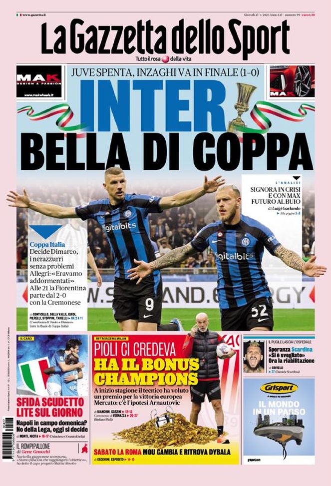 Prima pagina Gazzetta dello Sport 27/04/2023