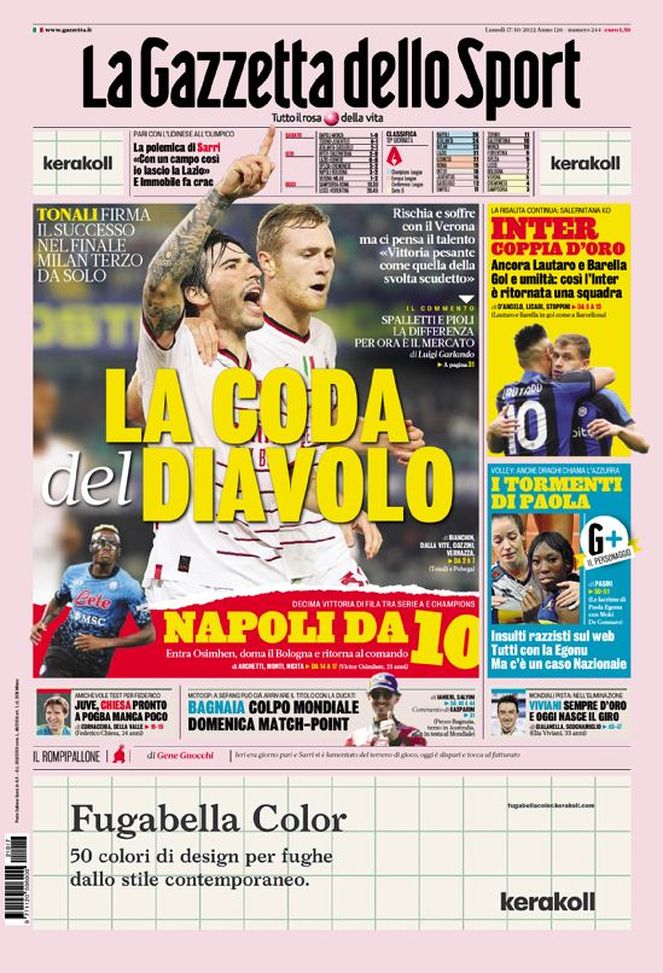 Prima Pagina Gazzetta Dello Sport: “La Coda Del Diavolo” - Pianeta Milan