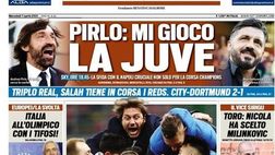 Prima Pagina, Tuttosport: “Pirlo, mi gioco la Juve. Conte, mani sullo scudetto. Triplo Real, Salah tiene in corsa i Reds”