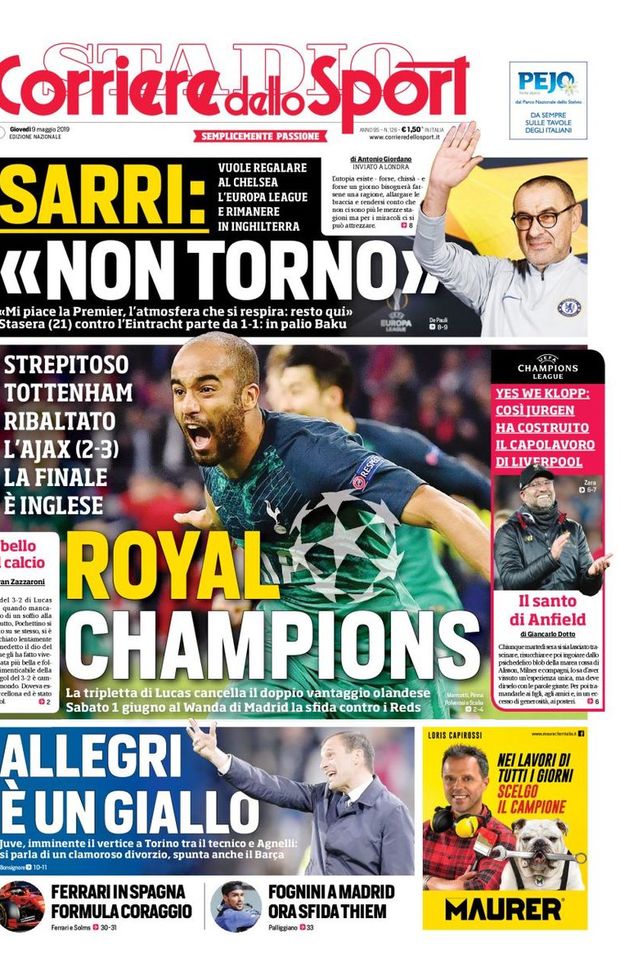 Prima Pagina, Corriere dello Sport: “Royal Champions. Sarri: ‘Non torno’. Allegri è un giallo” Prima Pagina, Corriere dello Sport: “Royal Champions. Sarri: ‘Non torno’. Allegri è un giallo”