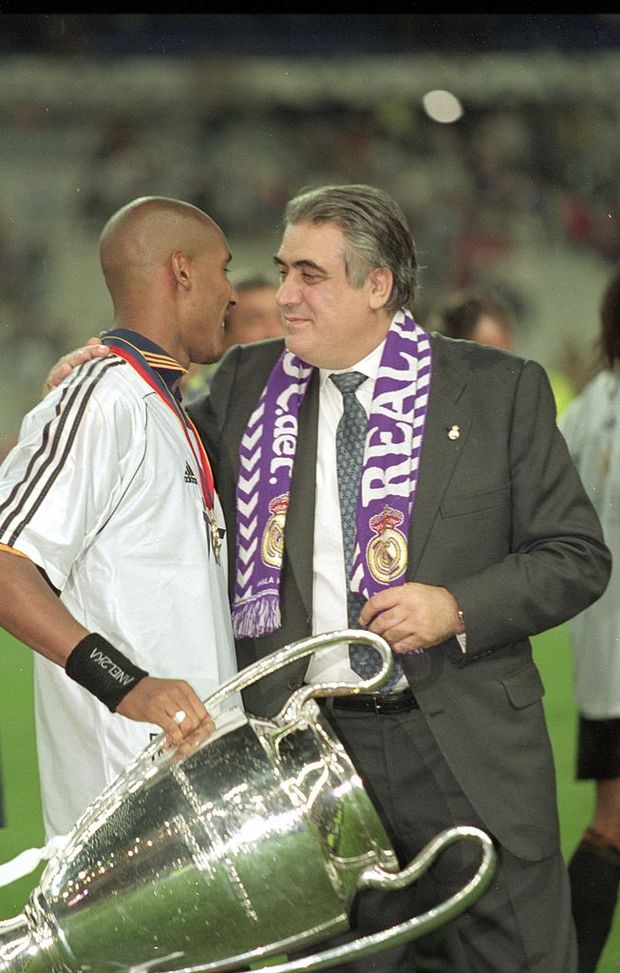 24 May 2000:  Real Madrid President Lorenzo Sanz and Real Madrid player Nicolas Anelka celebrate after the European Champions League Final 2000 against Valencia at the Stade de France, Saint-Denis, France. Real Madrid won 3-0.  Mandatory Credit: Ben Radford /Allsport 