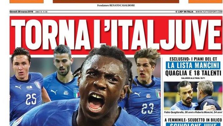 Prima Pagina, Tuttosport: “Torna l’ItalJuve. La lista Mancini: Quaglia e 18 talenti” 