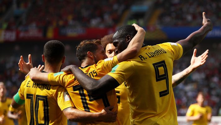 MOSCOW, RUSSIA - JUNE 23: Romelu Lukaku of Belgium celebrates with Eden Hazard and Dries Mertens after scoring his team's second goal during the 2018 FIFA World Cup Russia group G match between Belgium and Tunisia at Spartak Stadium on June 23, 2018 in Moscow, Russia. (Photo by Kevin C. Cox/Getty Images) MOSCOW, RUSSIA - JUNE 23: Romelu Lukaku of Belgium celebrates with Eden Hazard and Dries Mertens after scoring his team's second goal during the 2018 FIFA World Cup Russia group G match between Belgium and Tunisia at Spartak Stadium on June 23, 2018 in Moscow, Russia. (Photo by Kevin C. Cox/Getty Images)