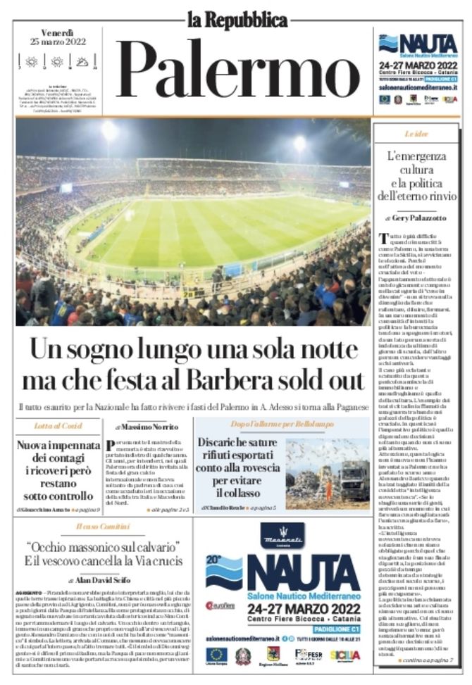 Prima Pagina, La Repubblica-Palermo: “Che festa al Barbera sold out” - immagine 1