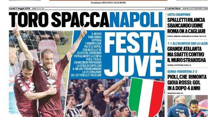 Prima Pagina, Tuttosport: &#8220;Toro spaccaNapoli. Spalletti rilancia, Roma ok. Gioia Rossi: gol in A dopo 4 anni&#8230;&#8221; 