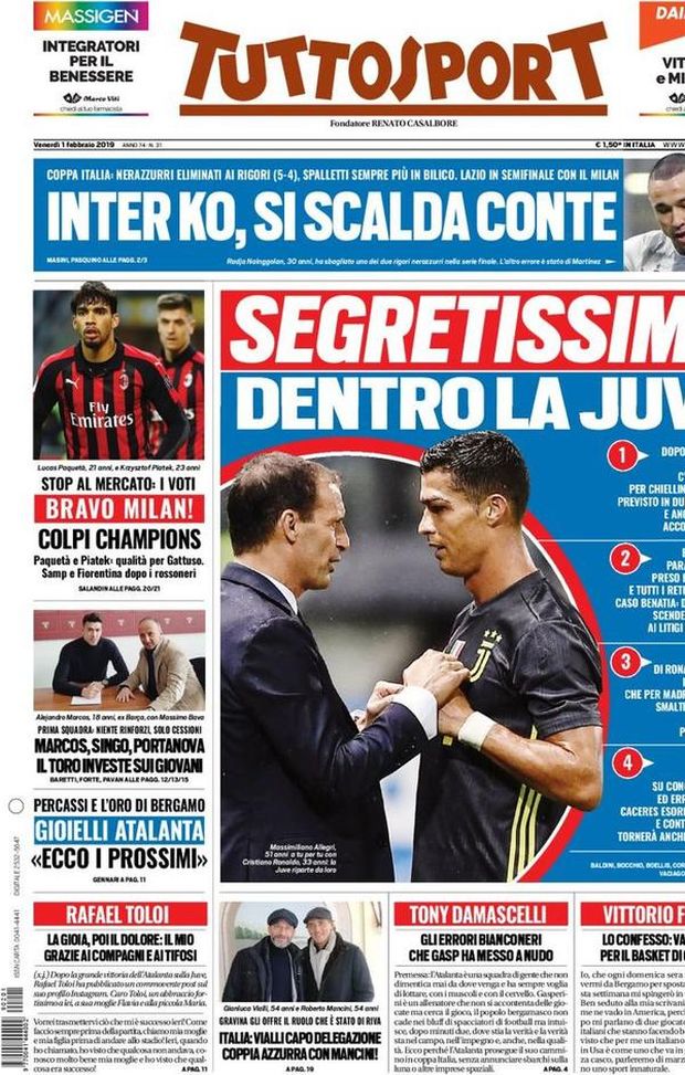Prima Pagina, Tuttosport: “Segretissimo: dentro la Juve. Bravo Milan! Inter ko, si scalda Conte…” Prima Pagina, Tuttosport: “Segretissimo: dentro la Juve. Bravo Milan! Inter ko, si scalda Conte…”