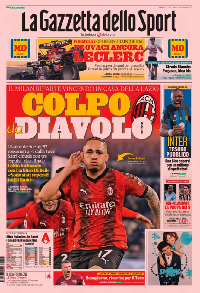 Prima Pagina Gazzetta dello Sport 02-03-2024