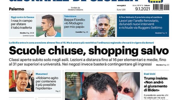 Prima Pagina, Giornale di Sicilia: “Scuole chiuse, shopping salvo. I rosa in campo per sfatare il tabù trasferta” 
