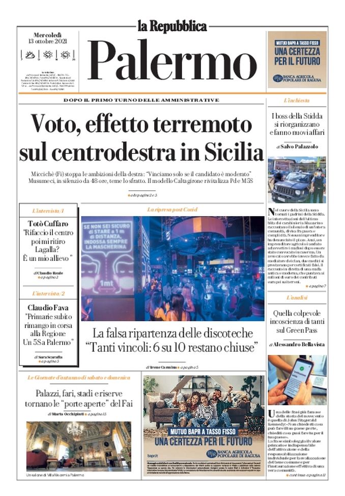 Prima Pagina, La Repubblica-Palermo: “Voto, effetto terremoto sul centrodestra” - immagine 1