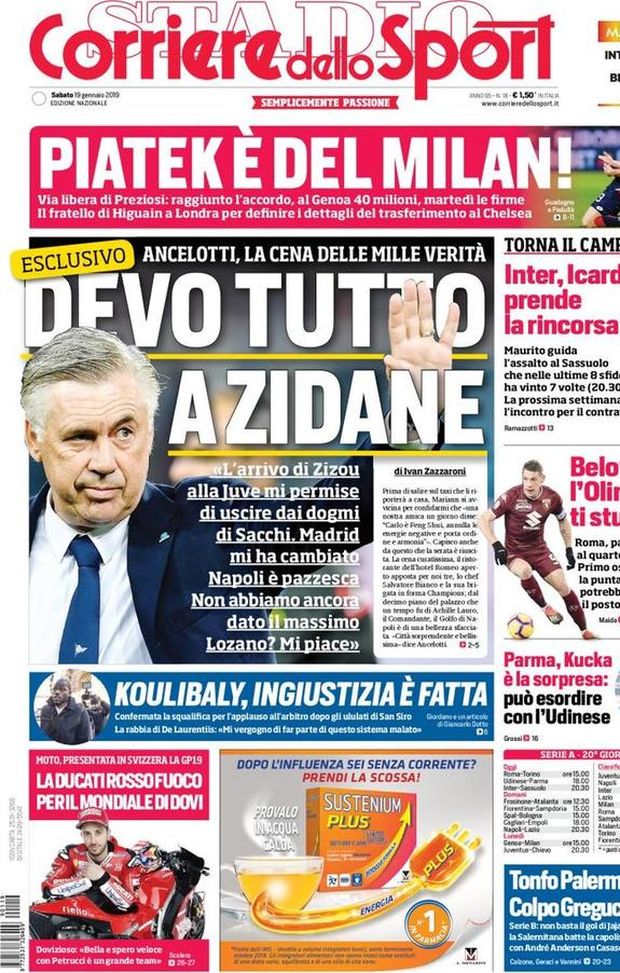 Prima Pagina, Corriere dello Sport: “Devo tutto a Zidane. Piatek è del Milan! Koulibaly, ingiustizia è fatta…” Prima Pagina, Corriere dello Sport: “Devo tutto a Zidane. Piatek è del Milan! Koulibaly, ingiustizia è fatta…”