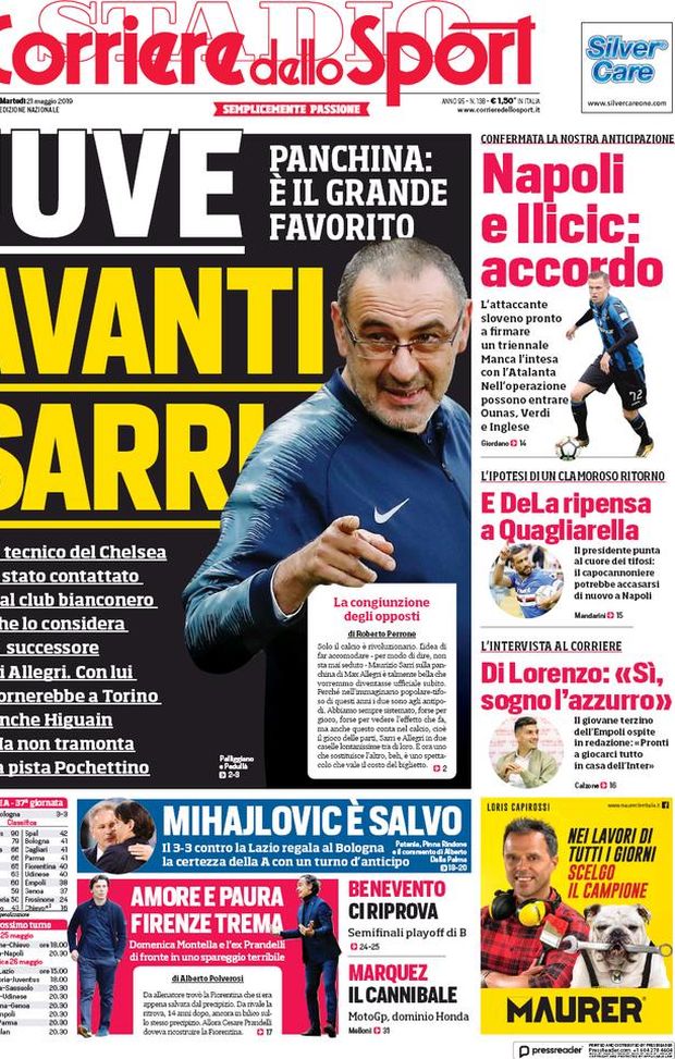 Prima Pagina, Corriere dello Sport: “Juve, avanti Sarri. Mihajlovic è salvo. Firenze trema” Prima Pagina, Corriere dello Sport: “Juve, avanti Sarri. Mihajlovic è salvo. Firenze trema”