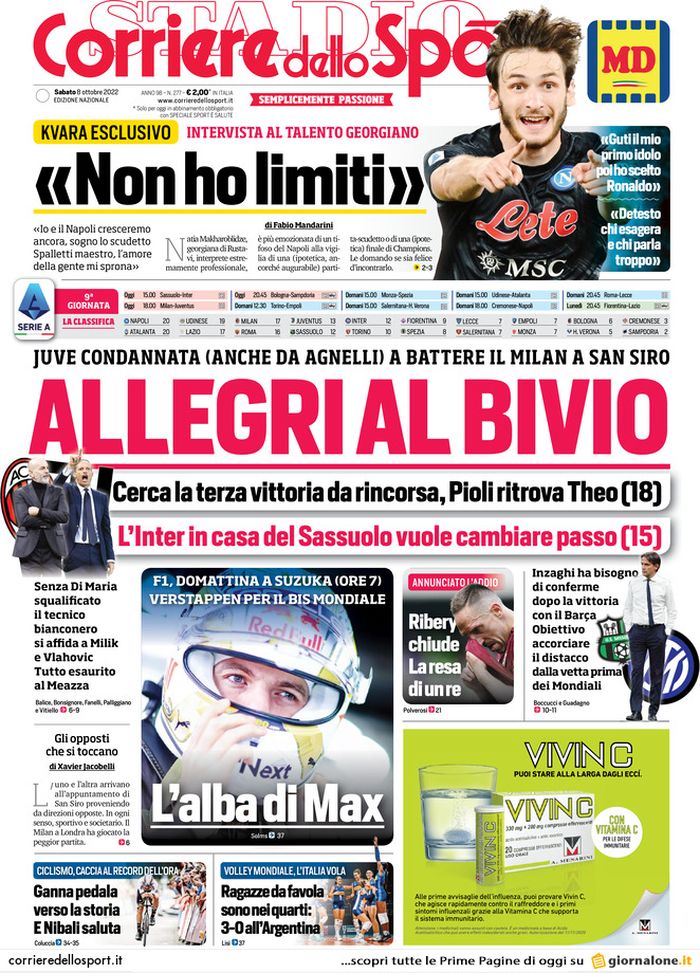 Prima pagina Corriere dello Sport 08/10/2022