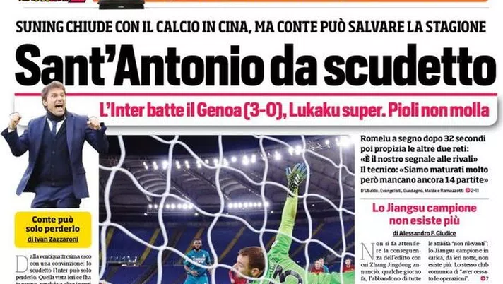 Prima Pagina, Corriere dello Sport: &#8220;Sant&#8217;Antonio da scudetto. Il Milan fa il colpo, Roma errori e rabbia&#8221;