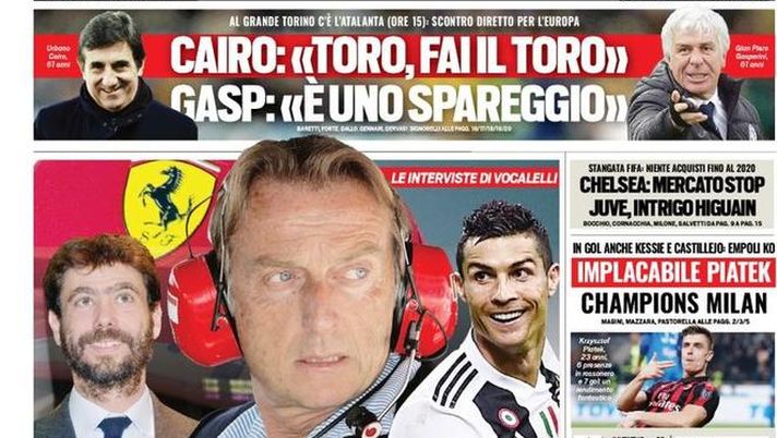 Prima Pagina, Tuttosport: “Tutto su Juve e Ferrari. Implacabile Piatek. Europa League, sorteggio ottavi&#8230;&#8221; 