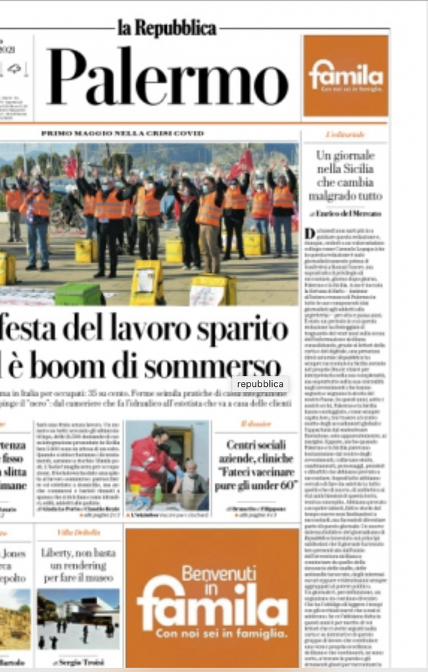 Prima Pagina, La Repubblica Palermo: “La Festa del lavoro sparito ed è boom di sommerso” 