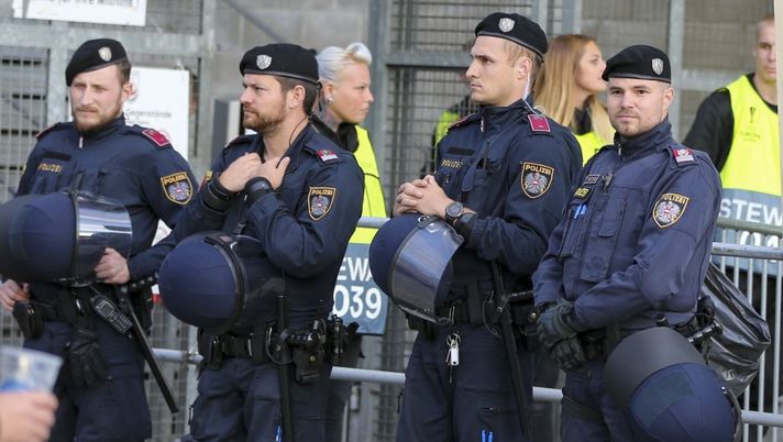 GRAZ, AUSTRIA - OCTOBER 3: Police during the UEFA Champions League group J match between Wolfsberger AC v AS Roma at Merkur Arena on October 3, 2019 in Graz, Austria. (Photo by Martin Rauscher - SEPA.Media/Getty Images) GRAZ, AUSTRIA - OCTOBER 3: Police during the UEFA Champions League group J match between Wolfsberger AC v AS Roma at Merkur Arena on October 3, 2019 in Graz, Austria. (Photo by Martin Rauscher - SEPA.Media/Getty Images)