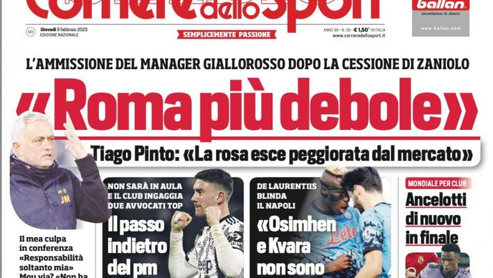 EDICOLA CDS – L’ammissione di Tiago Pinto: “Roma più debole dopo il mercato” - immagine 1