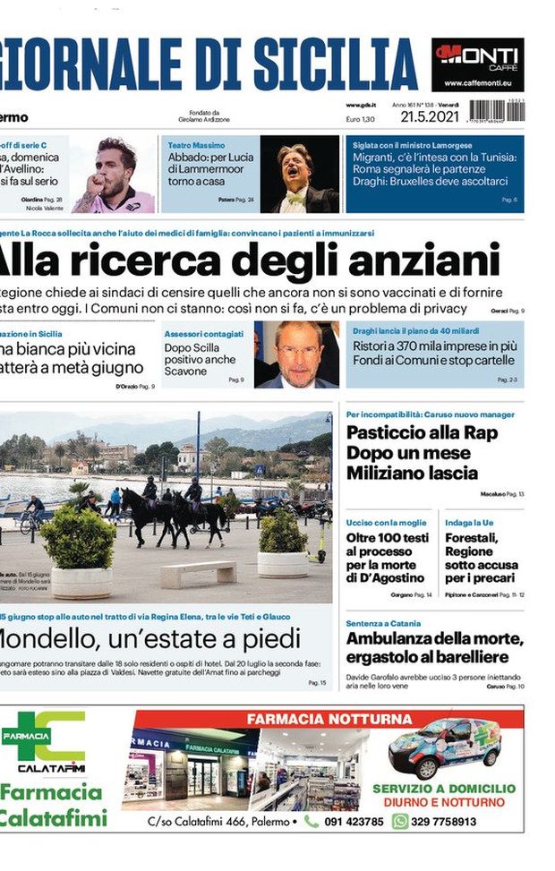 Prima Pagina, Giornale di Sicilia: “Alla ricerca degli anziani. Palermo, ora si fa sul serio” Prima Pagina, Giornale di Sicilia: “Alla ricerca degli anziani. Palermo, ora si fa sul serio”