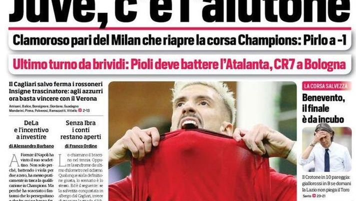 Prima Pagina, Corriere dello Sport: “Juve c’è l’aiutone. Clamoroso pari del Milan, Pirlo a -1” 