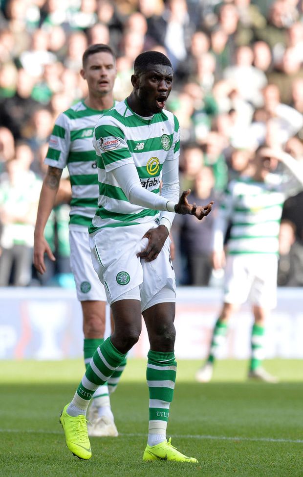 EDINBURGH, SCOTLAND - OCTOBER 28: Eboue Kouassi of Celtic reacts during the Betfred Scottish League Cup Semi Final between Heart of Midlothian FC and Celtic FC on October 28, 2018 in Edinburgh, Scotland. (Photo by Mark Runnacles/Getty Images) EDINBURGH, SCOTLAND - OCTOBER 28: Eboue Kouassi of Celtic reacts during the Betfred Scottish League Cup Semi Final between Heart of Midlothian FC and Celtic FC on October 28, 2018 in Edinburgh, Scotland. (Photo by Mark Runnacles/Getty Images)