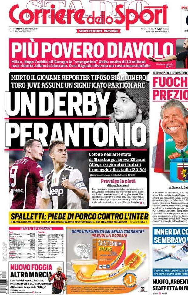 Prima Pagina, Corriere dello Sport: “Un derby per Antonio. Più povero del Diavolo. Fuochi Preziosi…” Prima Pagina, Corriere dello Sport: “Un derby per Antonio. Più povero del Diavolo. Fuochi Preziosi…”