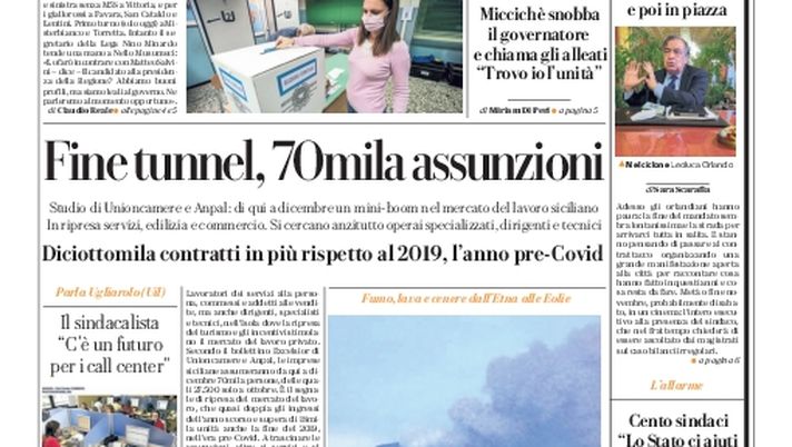 Prima Pagina, La Repubblica-Palermo: “Fine tunnel, 70mila assunzioni” Prima Pagina, La Repubblica-Palermo: “Fine tunnel, 70mila assunzioni” - immagine 1