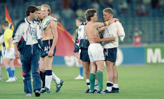 TURIN, ITALY - JULY 04: West Germany captain Lothar Matthaus consoles England player Paul Gascoigne after the 1990 FIFA World Cup semi final as Neil Webb (l) and Mark Wright look on at the Stadio Delle Alpi on July 4, 1990 in Turin, Italy. (Photo by Simon Bruty/Allsport/Getty Images) TURIN, ITALY - JULY 04: West Germany captain Lothar Matthaus consoles England player Paul Gascoigne after the 1990 FIFA World Cup semi final as Neil Webb (l) and Mark Wright look on at the Stadio Delle Alpi on July 4, 1990 in Turin, Italy. (Photo by Simon Bruty/Allsport/Getty Images)