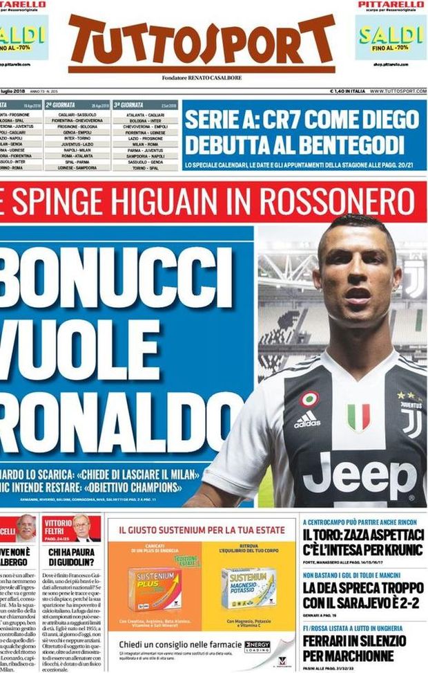 Prima Pagina, Tuttosport: “Bonucci vuole Ronaldo. CR7 come Diego, debutta al Bentegodi. L’Atalanta…” Prima Pagina, Tuttosport: “Bonucci vuole Ronaldo. CR7 come Diego, debutta al Bentegodi. L’Atalanta…”