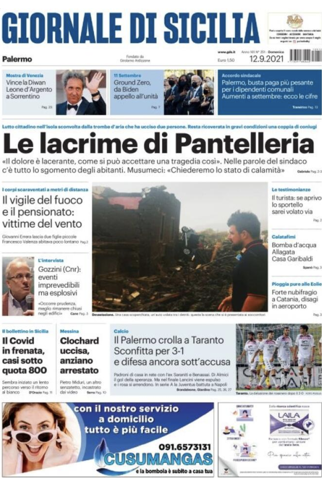 Prima Pagina, Giornale di Sicilia: “Palermo crolla a Taranto, difesa sott’accusa”  Prima Pagina, Giornale di Sicilia: “Palermo crolla a Taranto, difesa sott’accusa”