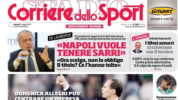 Prima Pagina, Corriere dello Sport: &#8220;Mister Europa. De Laurentiis: &#8216;Sarri? Noi grandi anche senza di lui&#8217;. Doppio esame per Gattuso&#8230;&#8221; 