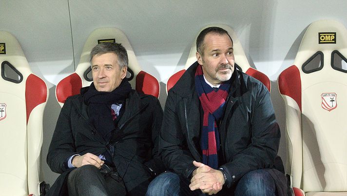 CARPI, ITALY - APRIL 01: Claudio Fenucci Managing Director of Bologna FC ( L ) Joey Saputo owner of Bologna FC attend  the Serie B match between Carpi FC and Bologna FCat Stadio Sandro Cabassi on April 1, 2015 in Carpi, Italy.  (Photo by Mario Carlini / Iguana Press/Getty Images) 